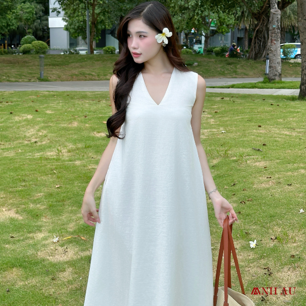đầm linen trắng dáng suông