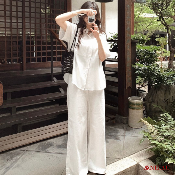 quần ống rộng phối áo sơ mi